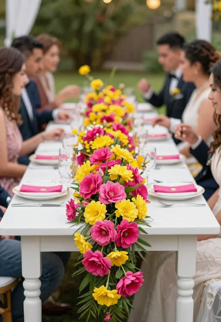 14 Wedding Table Garland Ideas That Hold Through the Last Dance 52 14 Wedding Table Garland Ideas That Hold Through the Last Dance - 12. Bold and Bright 1