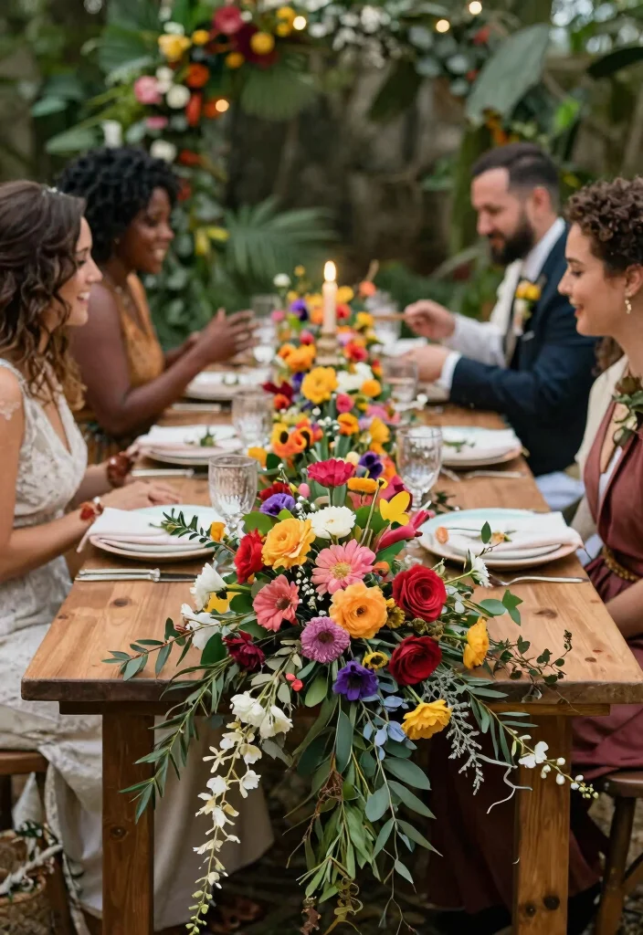 14 Wedding Table Garland Ideas That Hold Through the Last Dance 5 14 Wedding Table Garland Ideas That Hold Through the Last Dance - 5. Colorful Boho Vibes 1