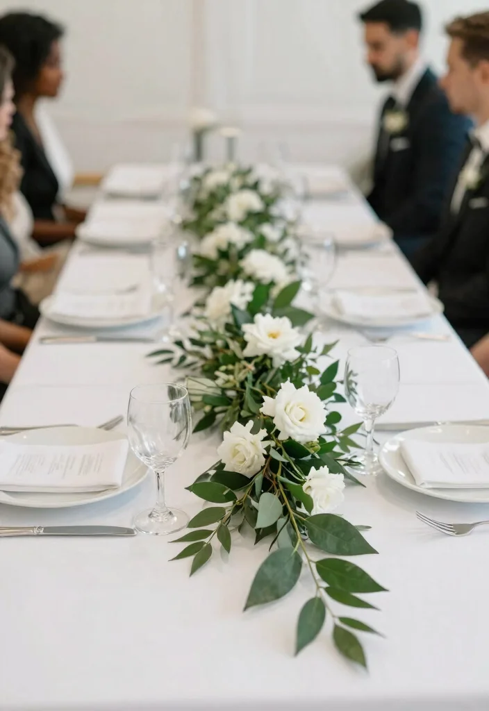 14 Wedding Table Garland Ideas That Hold Through the Last Dance 16 14 Wedding Table Garland Ideas That Hold Through the Last Dance - 6. Minimalist Green and White 1