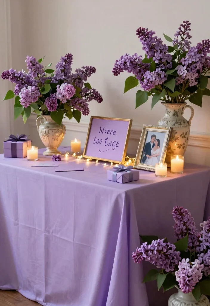 15 Lilac Wedding Decorations That Don't Look Washed Out in Photos - 10. Lilac Gift Table Decor 1