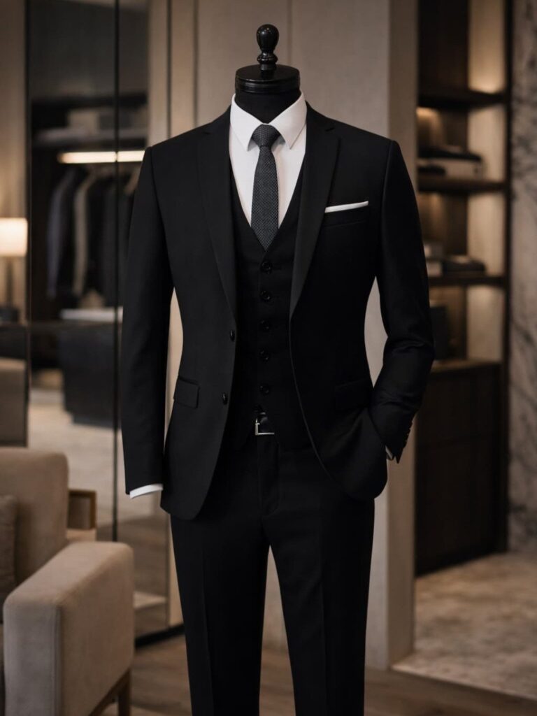 A black three-piece suit with a white shirt and patterned tie on a mannequin.