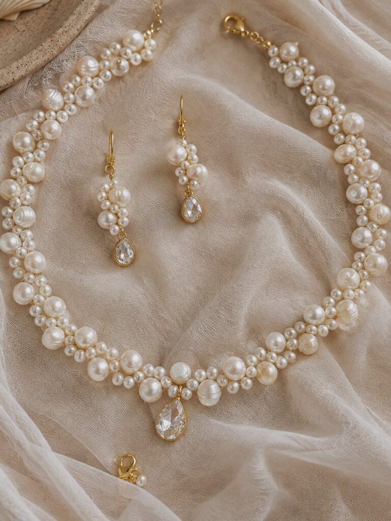 Pearl necklace and teardrop crystal earrings resting on a soft beige fabric background.