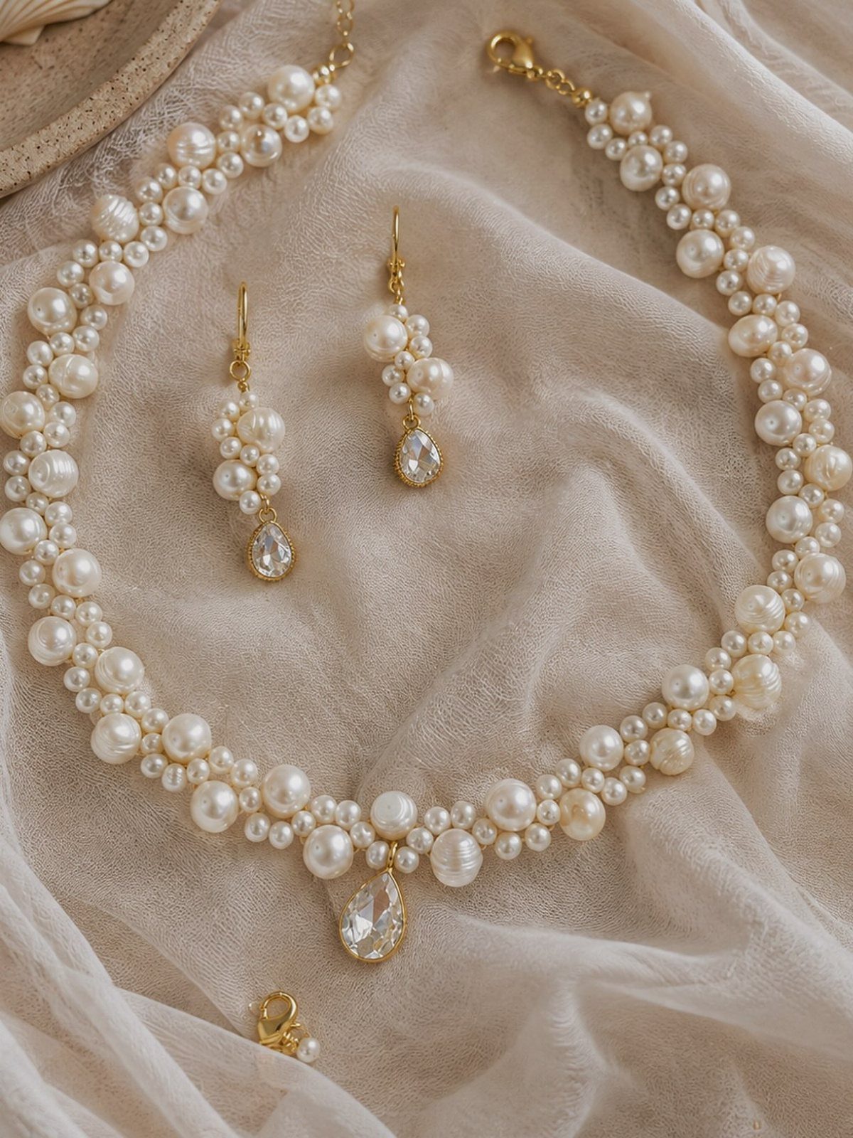 Pearl necklace and teardrop crystal earrings resting on a soft beige fabric background.