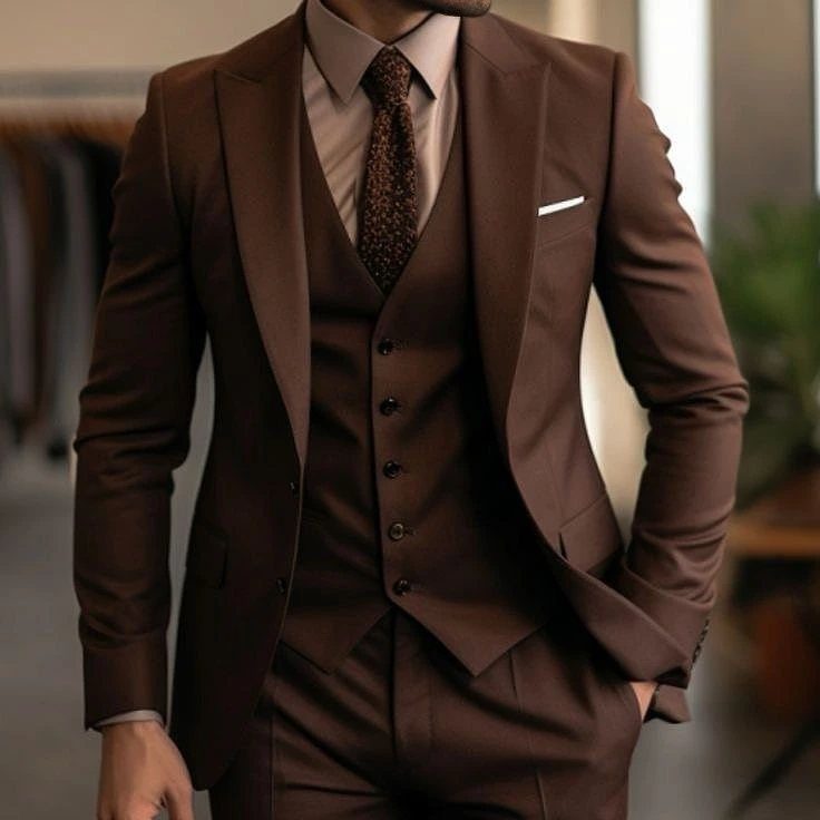 Man wearing a brown three-piece tailored suit with a matching waistcoat and patterned tie.