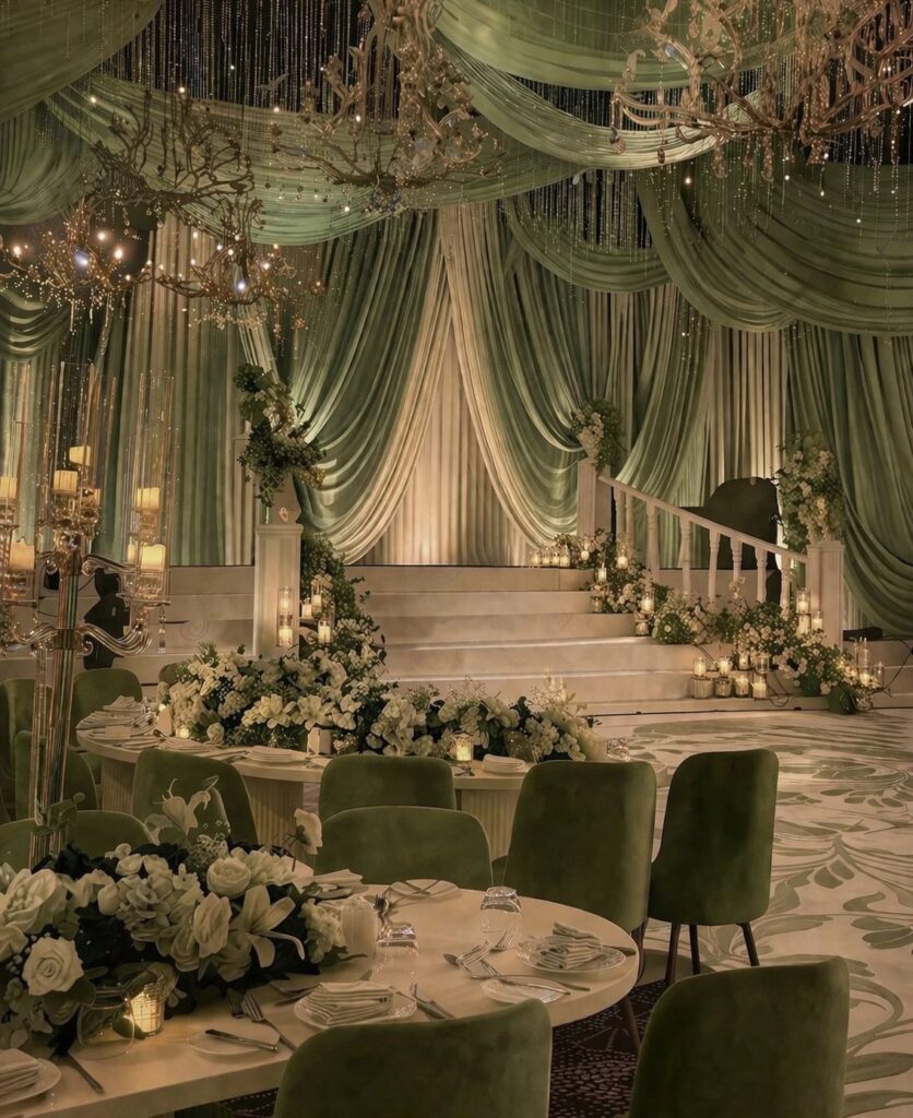 Sage green draped fabric and cream floral arrangements decorate an elegant wedding reception venue.