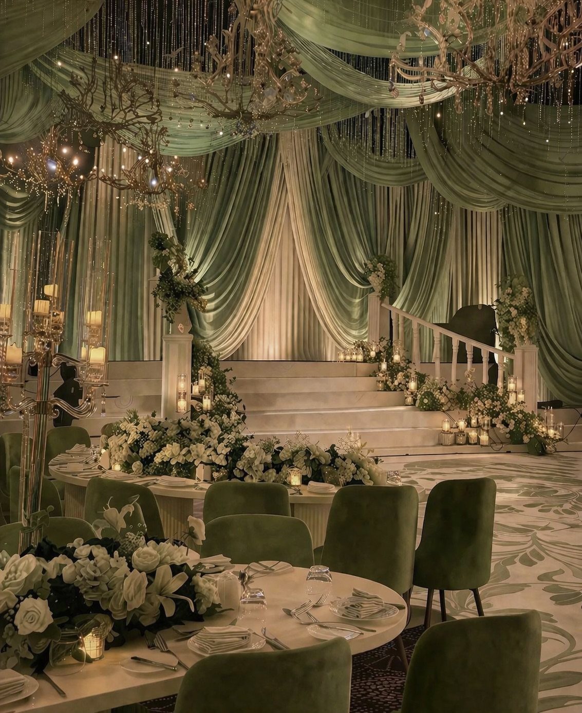 Sage green draped fabric and cream floral arrangements decorate an elegant wedding reception venue.