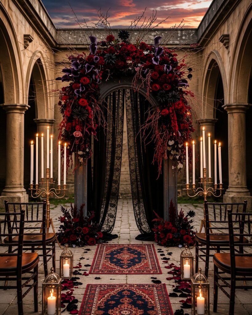 A dark floral archway with red and purple flowers set in a stone courtyard at sunset.