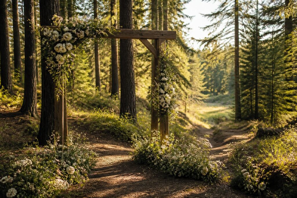 Forest wedding ceremony with trees and natural decor.