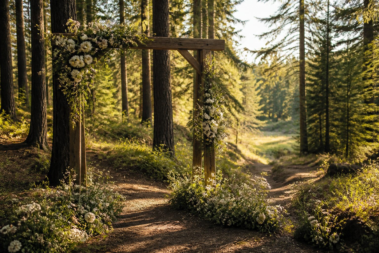Forest wedding ceremony with trees and natural decor.
