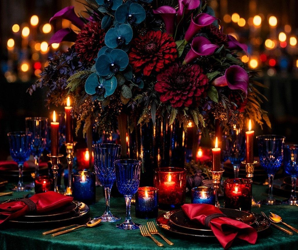 A lush wedding table setting with jewel-toned flowers, blue glassware, and glowing candles.