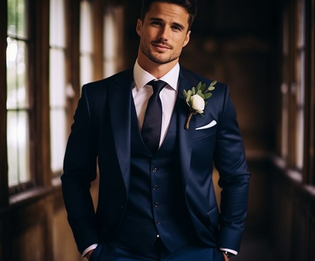 A man in a navy blue three-piece suit with a white rose boutonniere.