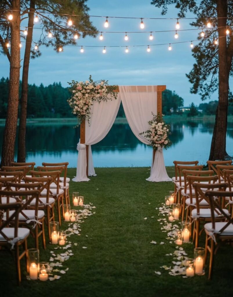 A wooden wedding altar with white fabric and flowers overlooking a calm lake at dusk.