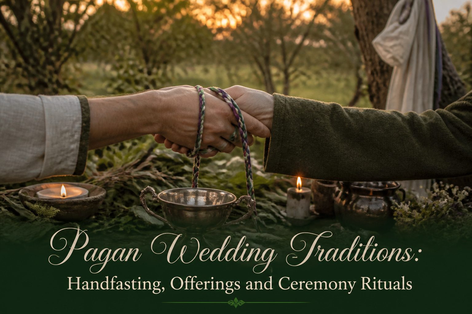 A couple stands together outdoors during a pagan wedding ceremony.