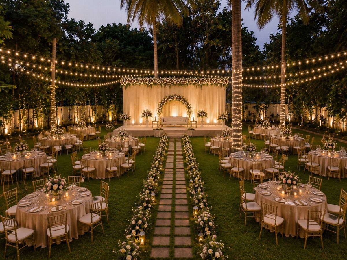 Outdoor wedding reception with round tables, floral walkways, and fairy lights in a garden setting.