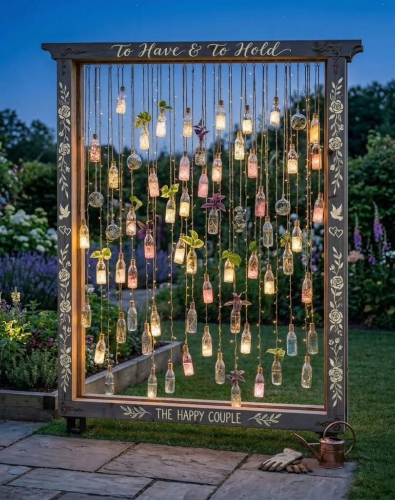 Hanging glass bottles with lights and flowers suspended within a large wooden frame in a garden.