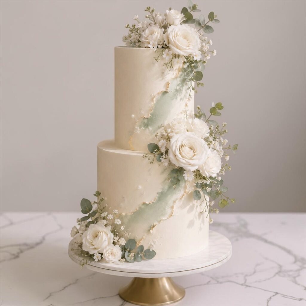 A two-tier white wedding cake adorned with white roses and green eucalyptus leaves on a marble stand.
