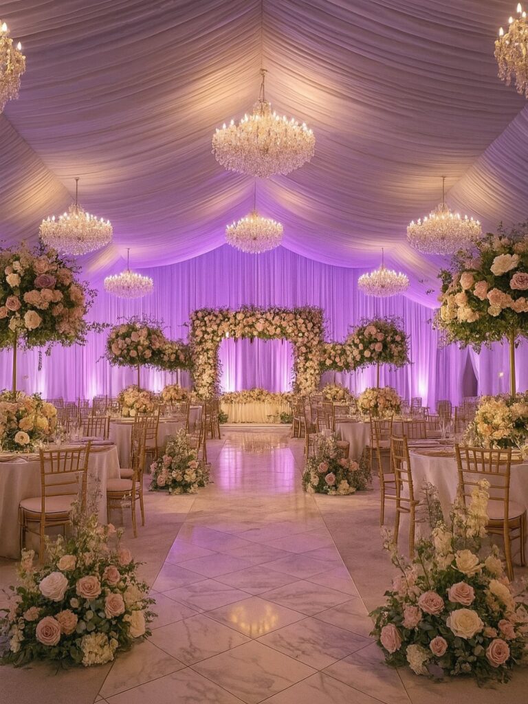 A grand wedding hall decorated with purple lighting, crystal chandeliers, and abundant pink floral arrangements.