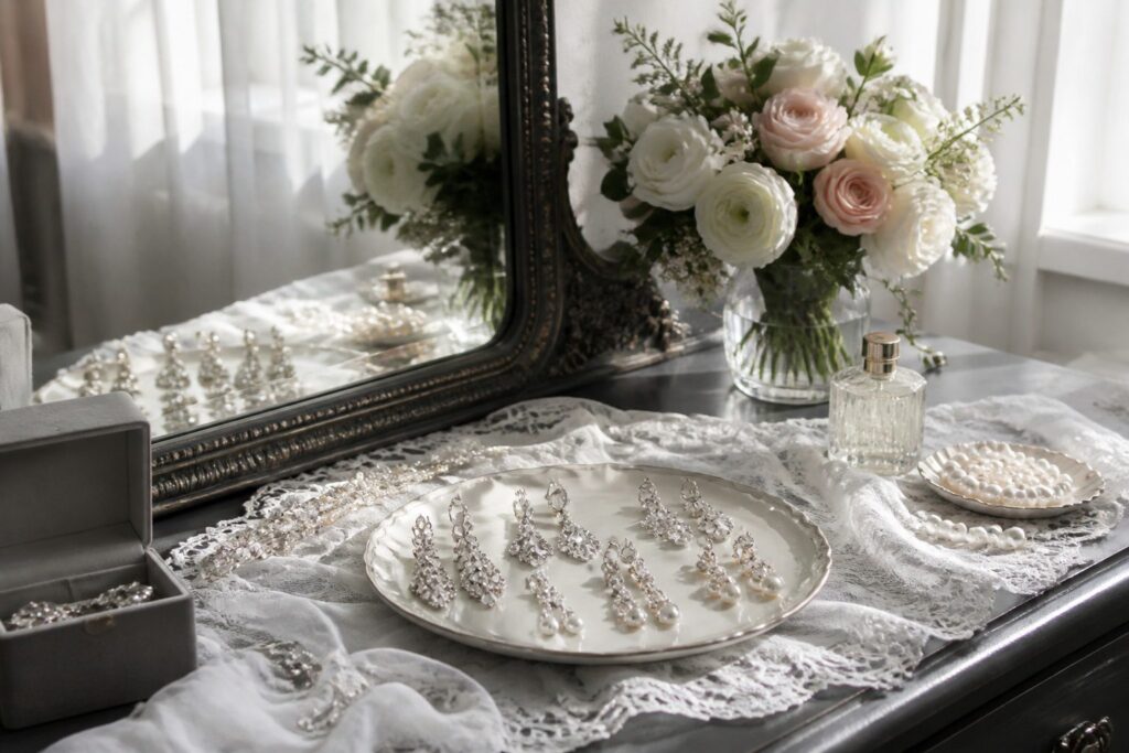 A bridal vanity table with jewelry, flowers, and soft lighting