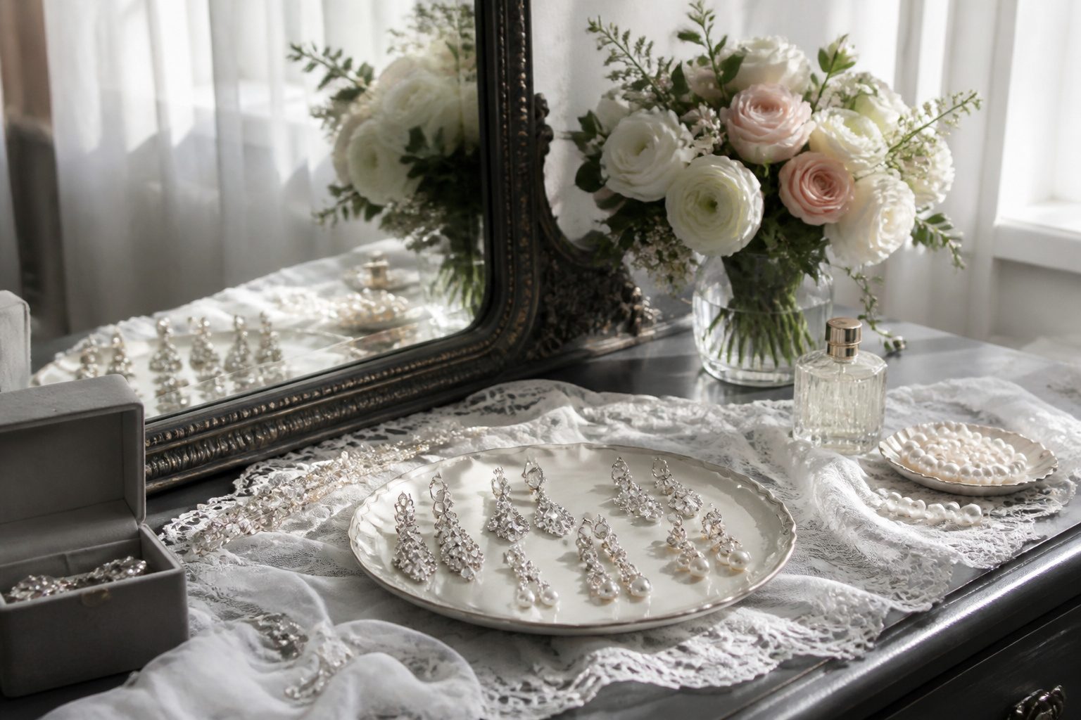 A bridal vanity table with jewelry, flowers, and soft lighting
